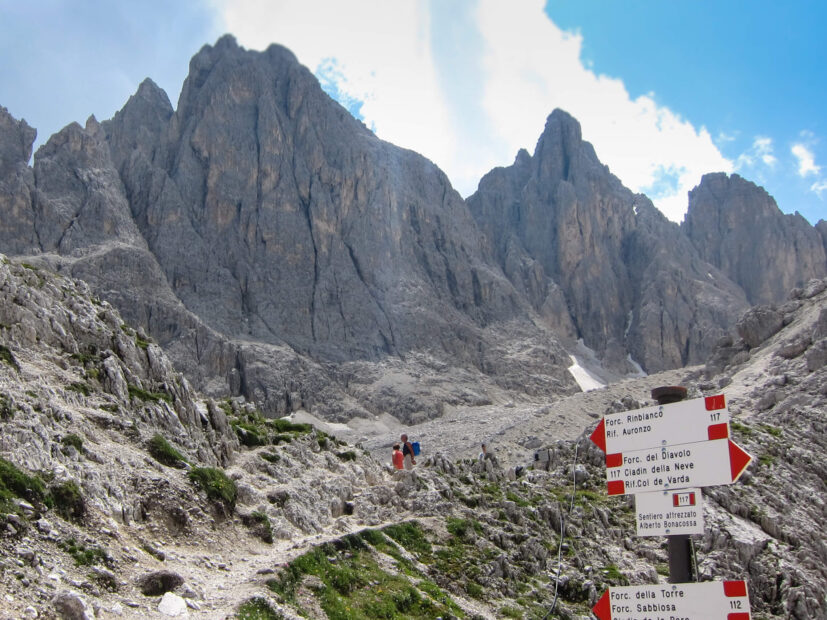 Wandelaars op bergpad in de Dolomieten met wegwijzer en rotswanden